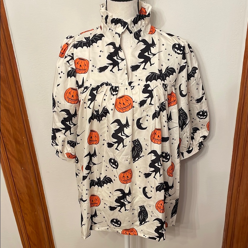 Black and White Festive Blouse with Halloween Pattern